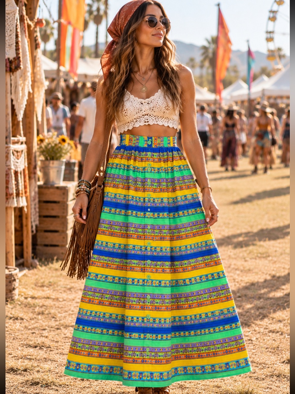 70s VTG Paintset Fashions Button Front Maxi Skirt Boho Festival Maximalist